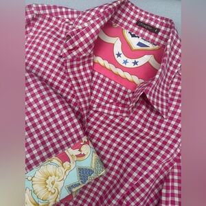 J McLaughlin Gingham Check Button Down Size 4 Contrast Cuffs Lining Whimsical